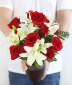 Classic Red Rose & White Lily Bouquet