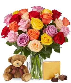 Rainbow Roses with Chocolates & Bear